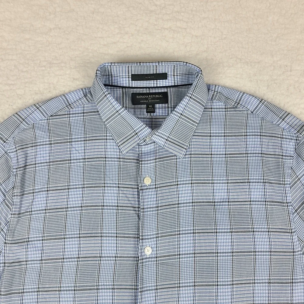 Banana‎ Republic Shirt Mens XL Blue Plaid Slim Fit Wrinkle Resistant Button Up